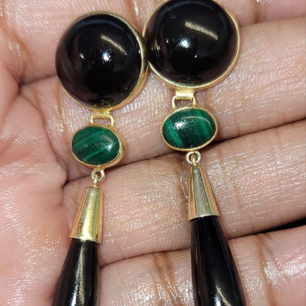 Chinese 925 Onyx and Malachite Drop Earrings - Picture 2 of 3